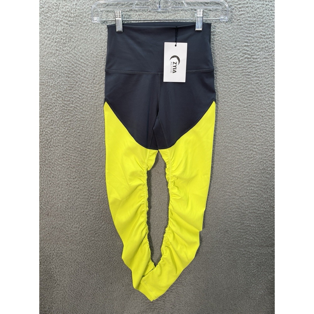 Zyia Active Leggings Womens 0 Gray Neon‎ Yellow Parallel Luxe Hi Rise Yoga Gym